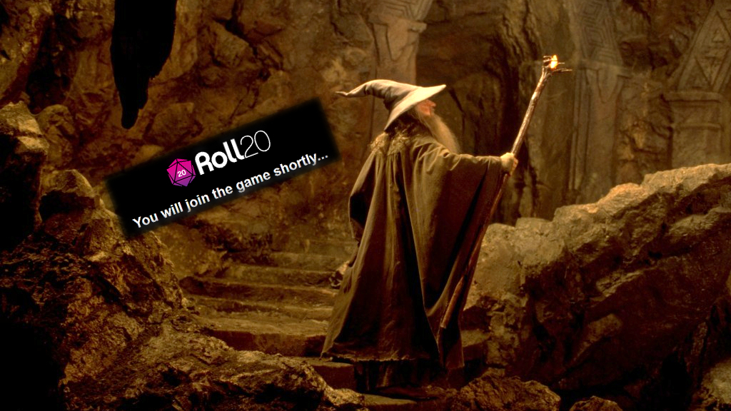 Gandalf ascends the weathered dungeon steps as the Roll20 logo proclaims: "You will join the game shortly..."